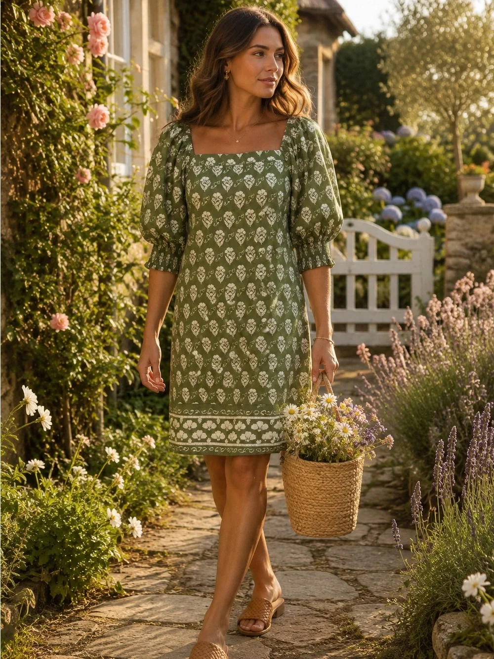 Olive Green Botanical Block Print Cotton Puff Sleeve Shift Dress L Square Neck